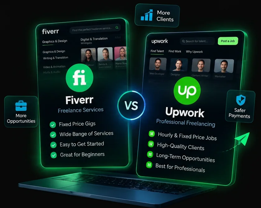 Laptop comparing the Fiverr and Upwork platforms head-to-head